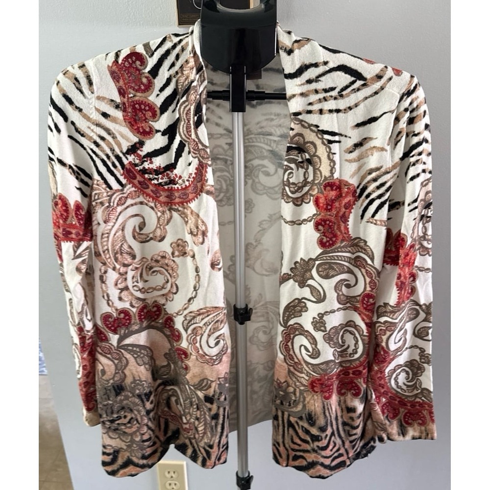 Chicos Women White Brown Paisley Light Open Front Cardigan Size 1 ( Medium)